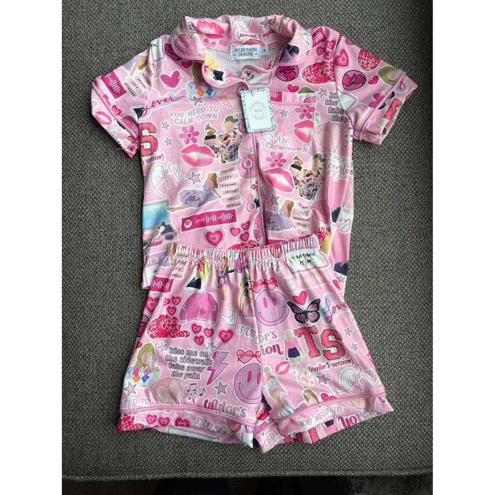 Rylee Faith Designs Kids Pink Swiftie Inspired Pajama Set Size 4 NWT